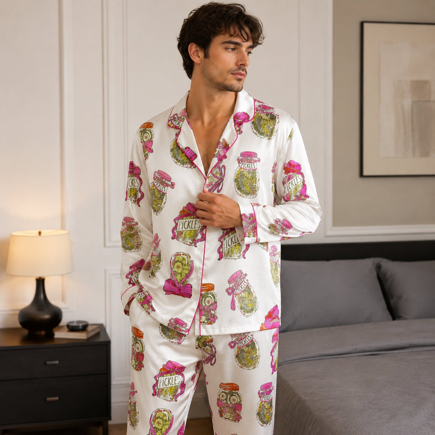 PJ-082-Pickle Jar Pajama Set with Vintage Mason Jar Labels and Food-Themed Novelty Pattern