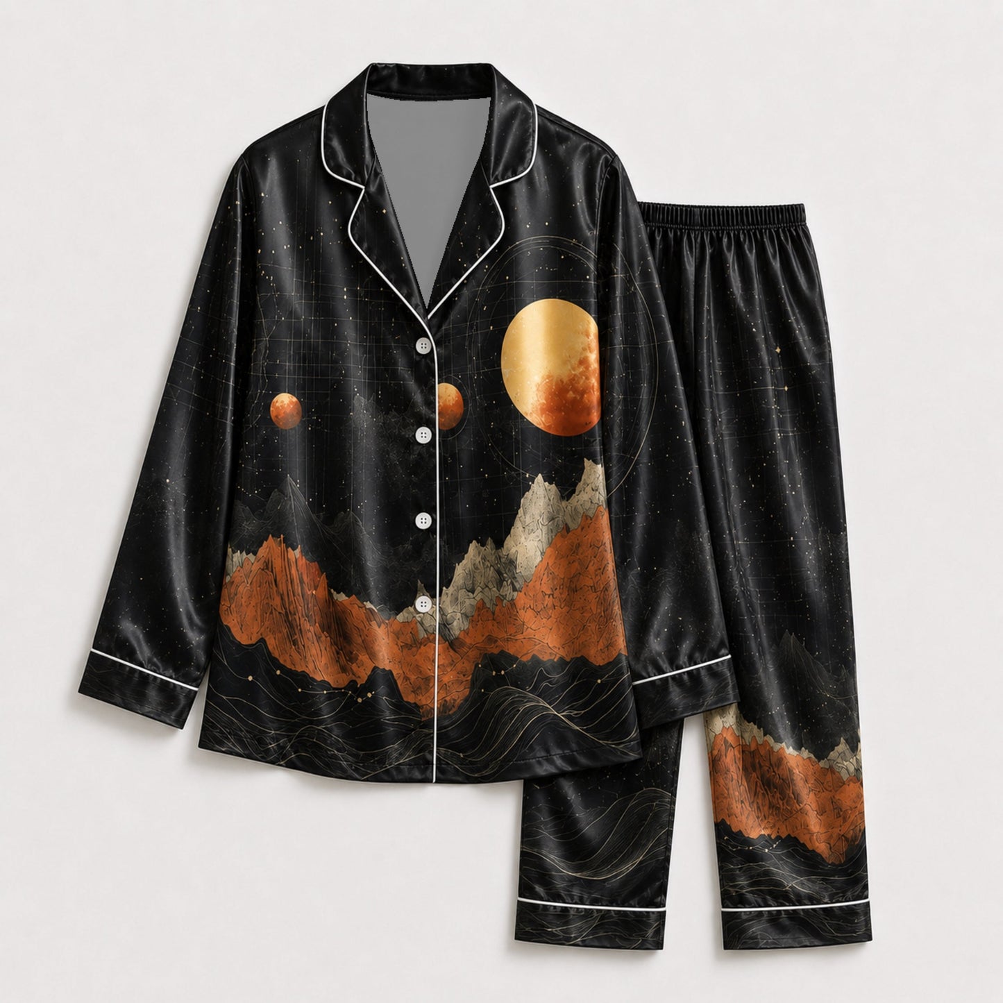 PJ-083-Moon Mountain Pajama Set Featuring Celestial Landscape, Planets, and Starry Night Artwork