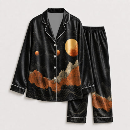 PJ-083-Moon Mountain Pajama Set Featuring Celestial Landscape, Planets, and Starry Night Artwork