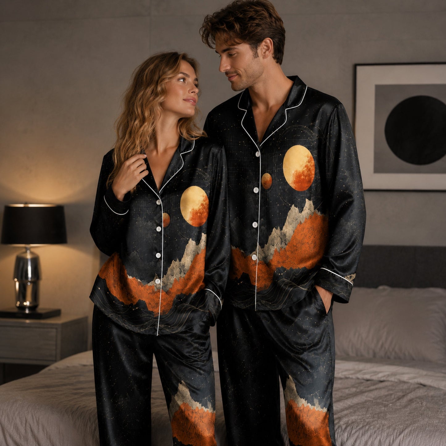 PJ-083-Moon Mountain Pajama Set Featuring Celestial Landscape, Planets, and Starry Night Artwork