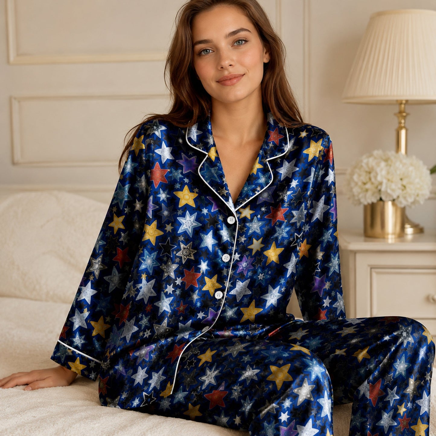 PJ-085-Unisex Star Pajama Set with Colorful Celestial Star Pattern and Matching Sleepwear