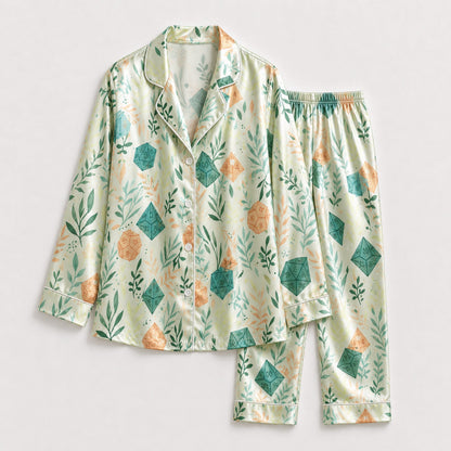 PJ-086-Dice and Leaves Pajama Set with Polyhedral RPG Pattern and Whimsical Game Artwork