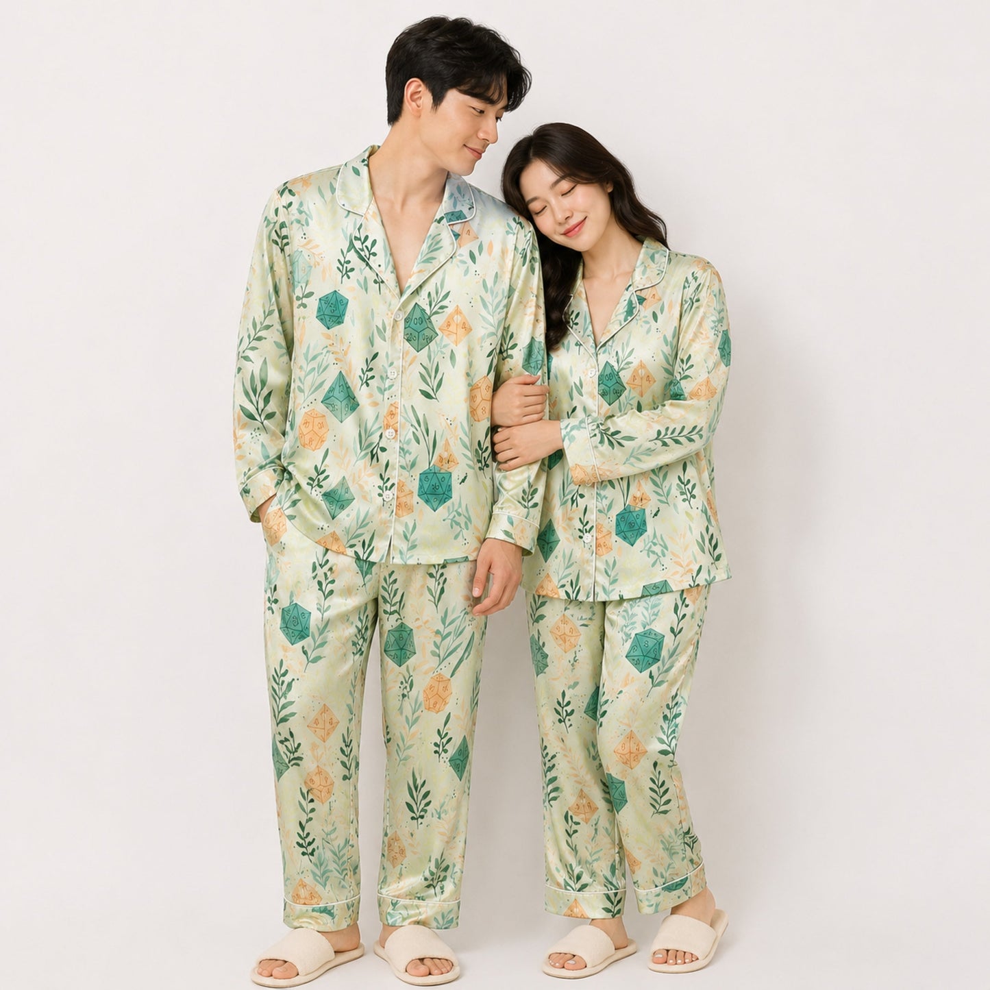 PJ-086-Dice and Leaves Pajama Set with Polyhedral RPG Pattern and Whimsical Game Artwork