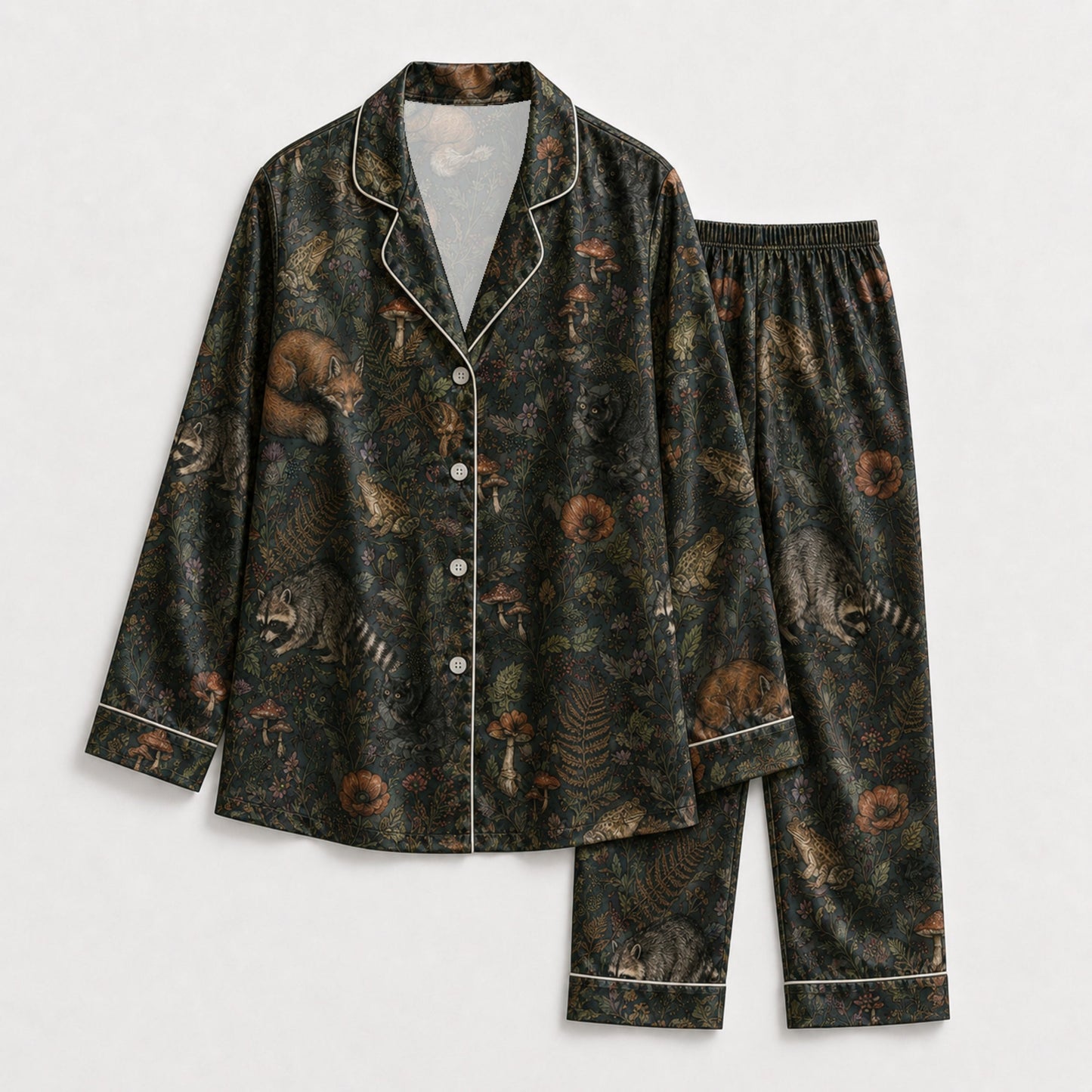 PJ-087-Forest Wildlife Pajama Set with Woodland Animals, Botanical Elements, and Natural Pattern Design
