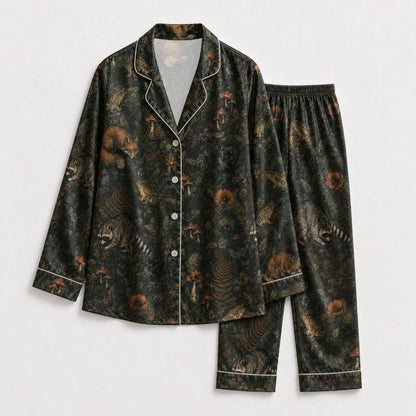 PJ-087-Forest Wildlife Pajama Set with Woodland Animals, Botanical Elements, and Natural Pattern Design