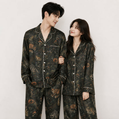 PJ-087-Forest Wildlife Pajama Set with Woodland Animals, Botanical Elements, and Natural Pattern Design