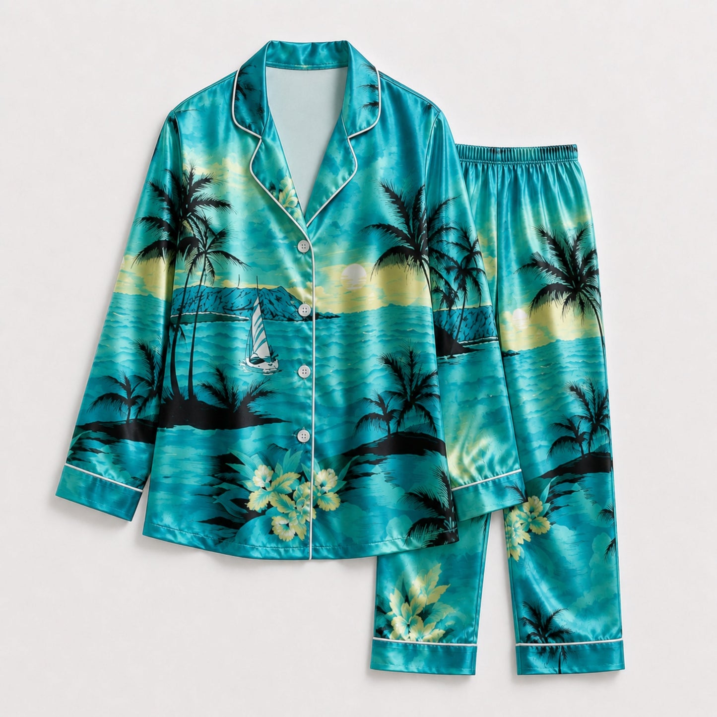 PJ-088-Unisex Tropical Ocean Pajama Set with Palm Trees, Sailboats, and Sunset Beach Pattern