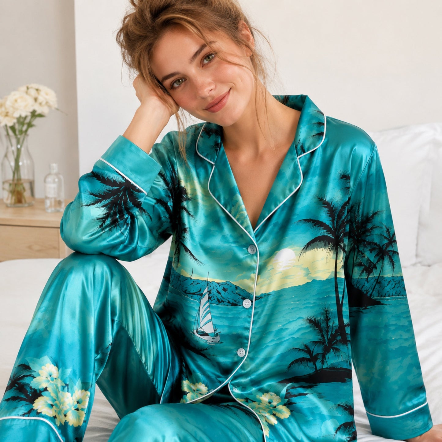 PJ-088-Unisex Tropical Ocean Pajama Set with Palm Trees, Sailboats, and Sunset Beach Pattern