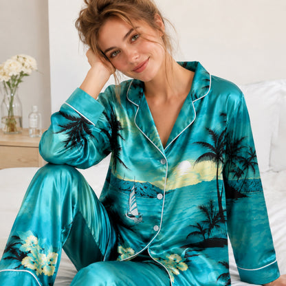 PJ-088-Unisex Tropical Ocean Pajama Set with Palm Trees, Sailboats, and Sunset Beach Pattern