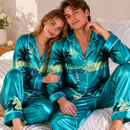 PJ-088-Unisex Tropical Ocean Pajama Set with Palm Trees, Sailboats, and Sunset Beach Pattern