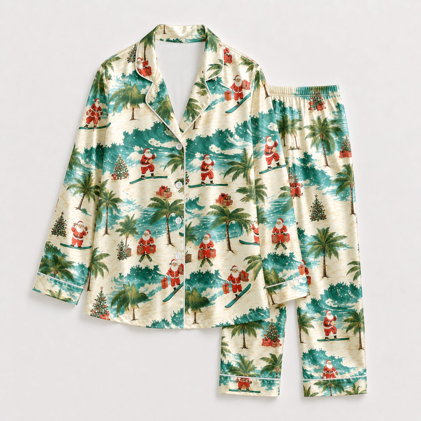 PJ-090-Unisex Christmas Tropical Santa Palm Tree Satin Pajama Set with High Quality Holiday Beach Print