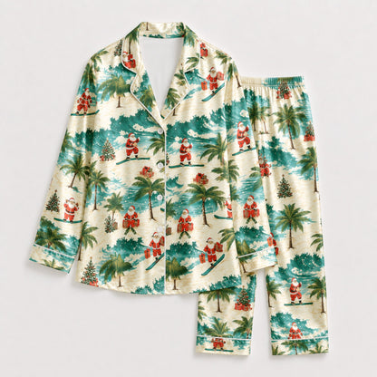 PJ-090-Unisex Christmas Tropical Santa Palm Tree Satin Pajama Set with High Quality Holiday Beach Print