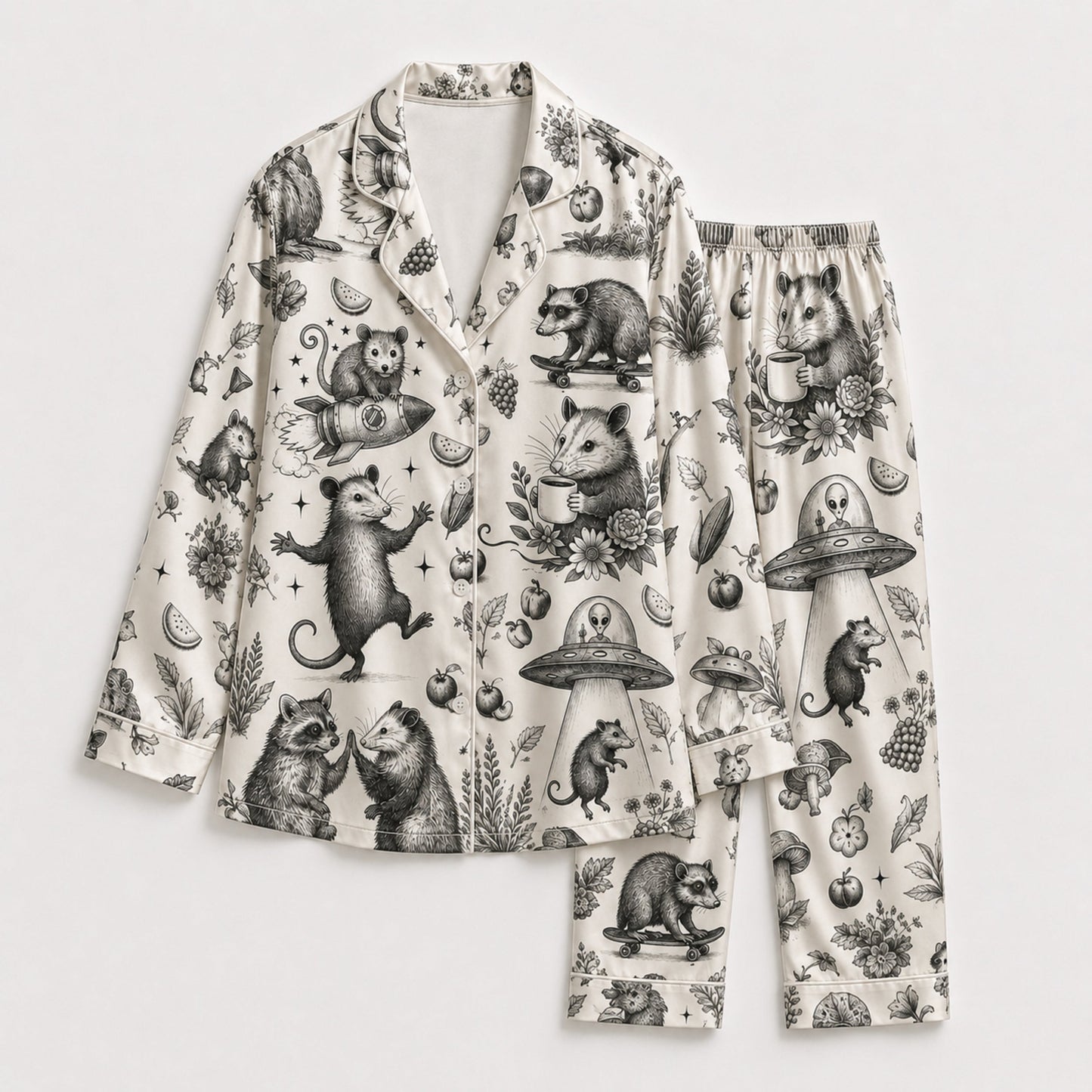 PJ-091-Unisex Christmas Tropical Santa Palm Tree Satin Pajama Set with High Quality Holiday Beach Print