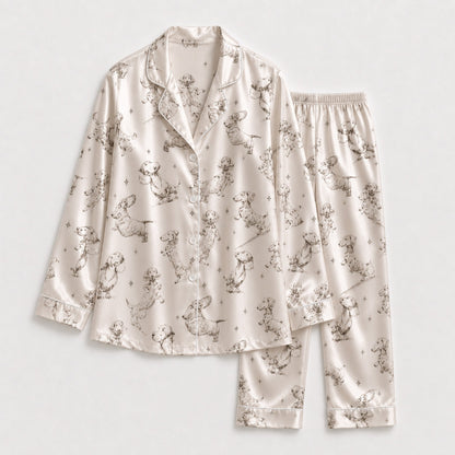 PJ-094-Unisex Dachshund Dog Star Sketch Satin Pajama Set with High Quality Minimal Puppy Print