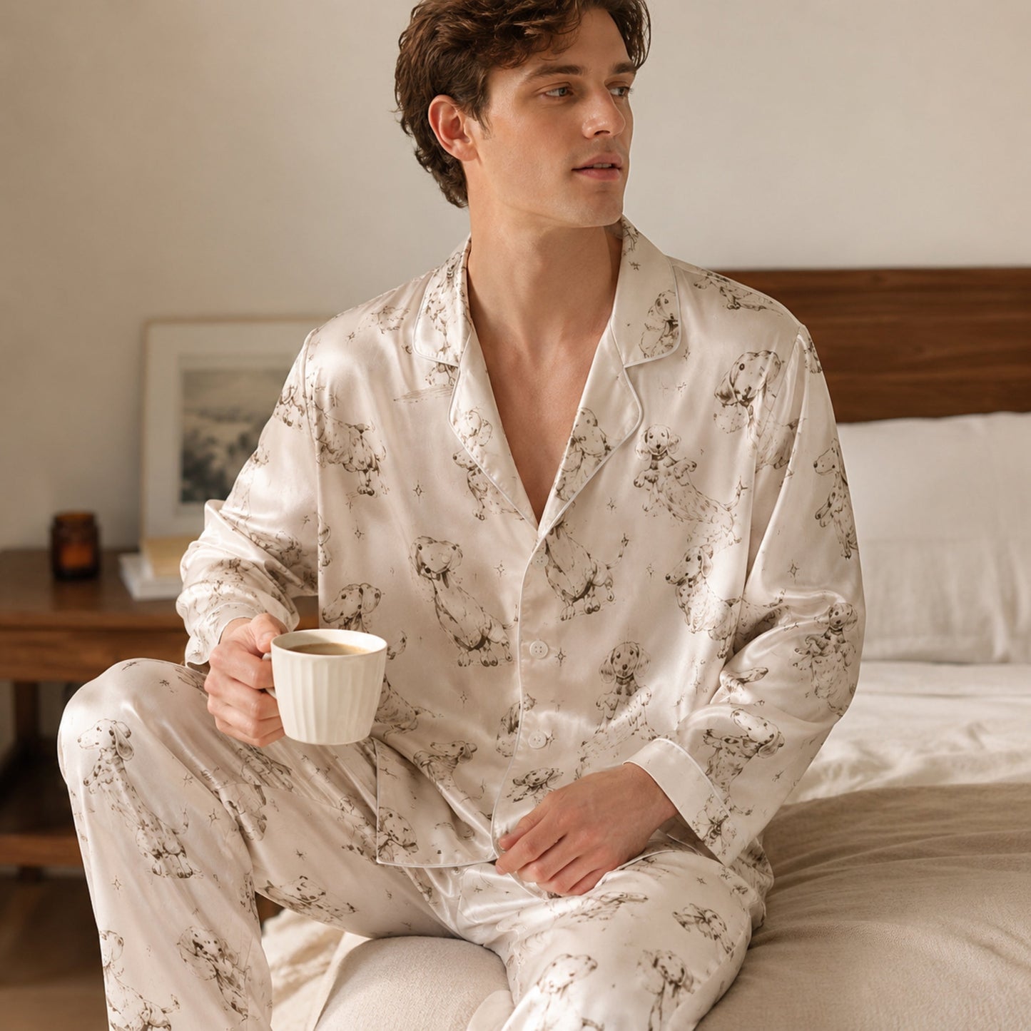 PJ-094-Unisex Dachshund Dog Star Sketch Satin Pajama Set with High Quality Minimal Puppy Print