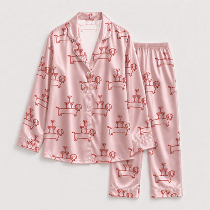 PJ-095-Unisex Dachshund Martini Line Art Satin Pajama Set with High Quality Pink Dog Print