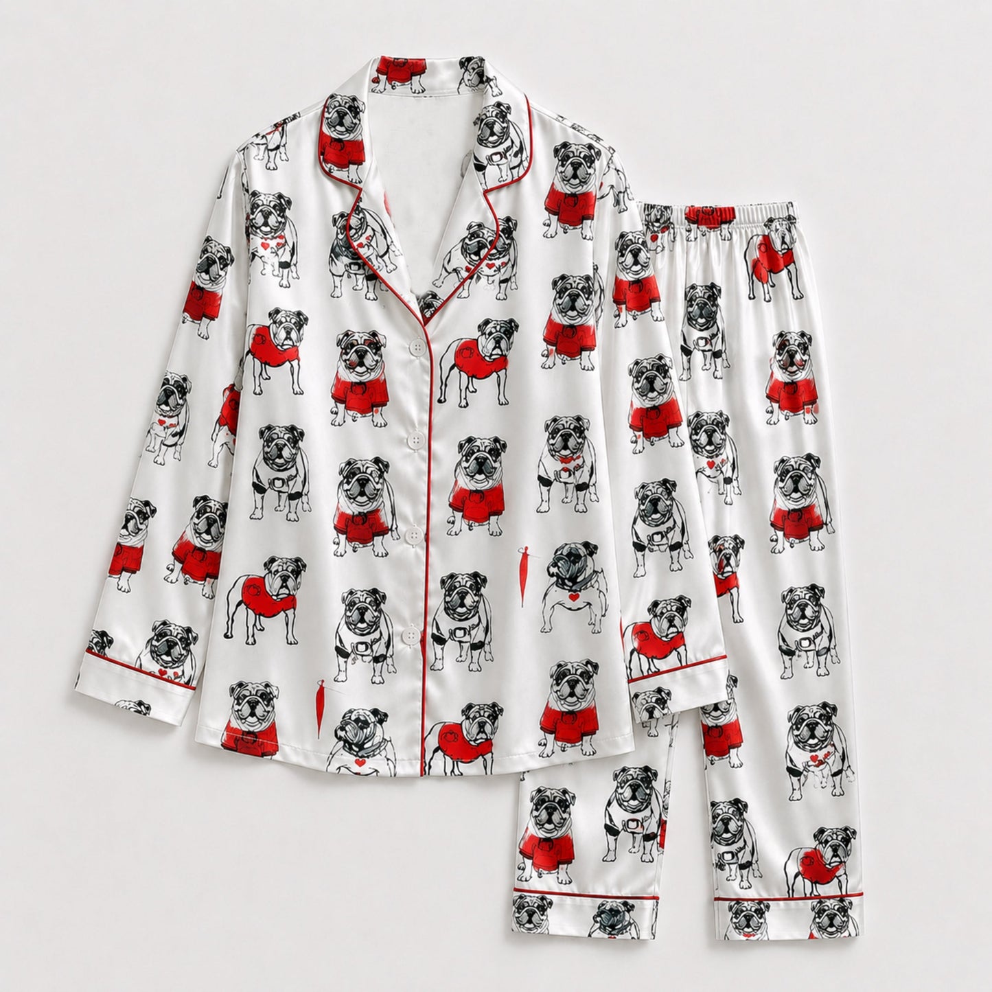 PJ-096-Unisex Bulldog Red Sweater Satin Pajama Set with High Quality Dog Illustration Print