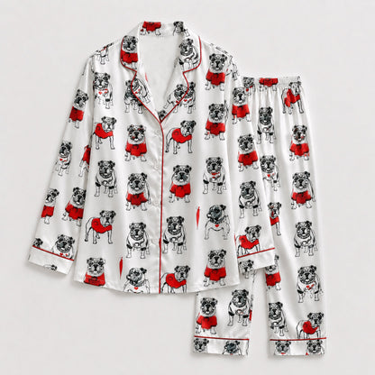 PJ-096-Unisex Bulldog Red Sweater Satin Pajama Set with High Quality Dog Illustration Print