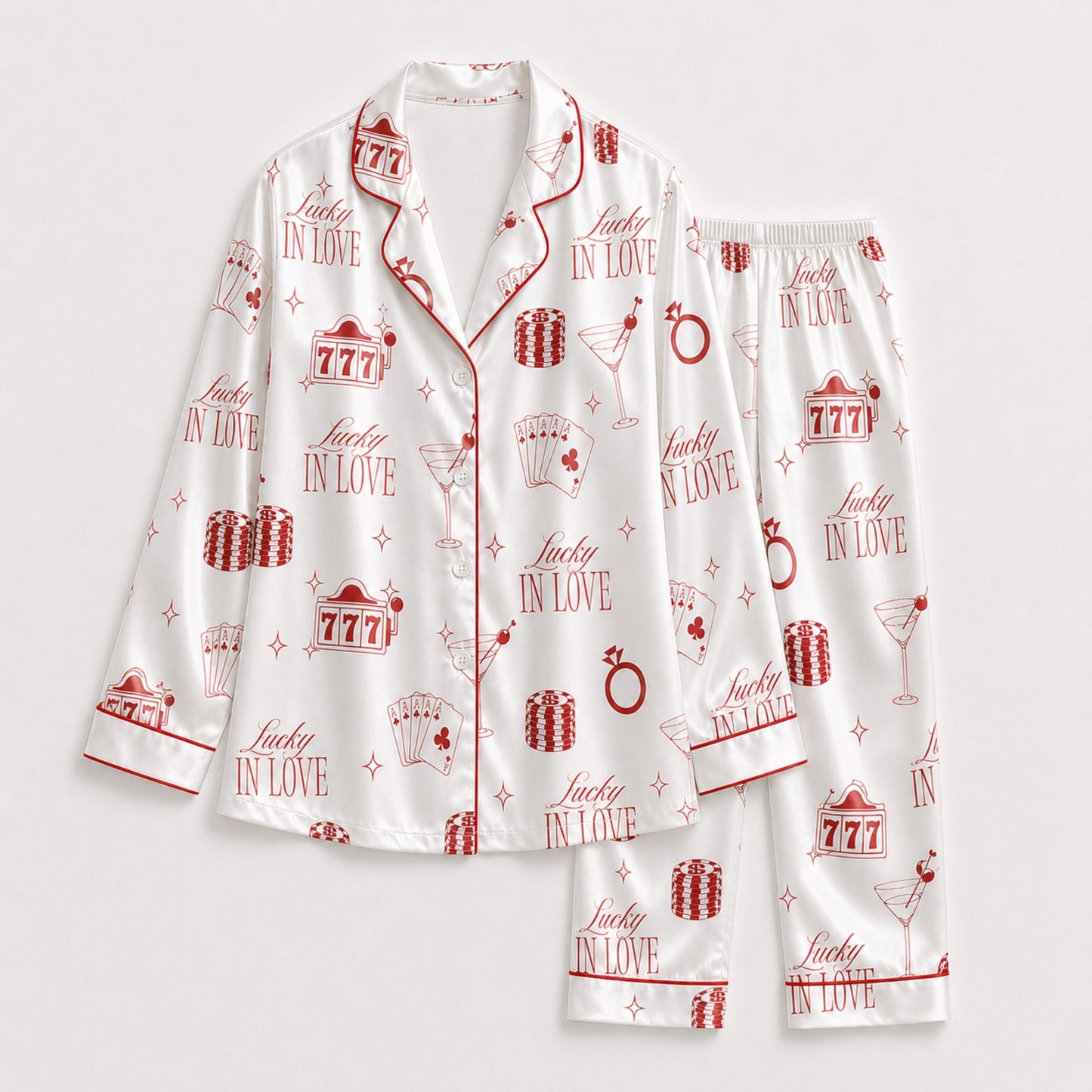 PJ-097-Vegas Inspired Satin Pajama Set, Red Lucky In Love Print, Soft Button Up Nightwear Gift