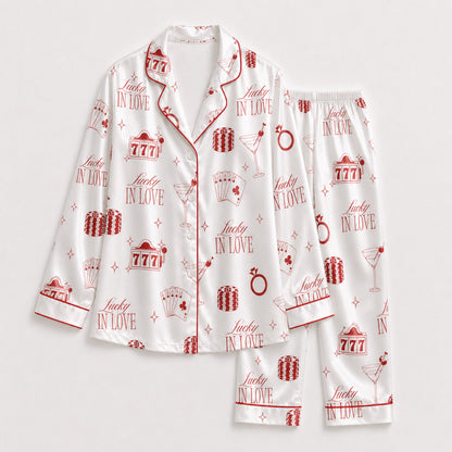 PJ-097-Vegas Inspired Satin Pajama Set, Red Lucky In Love Print, Soft Button Up Nightwear Gift