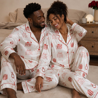 PJ-097-Vegas Inspired Satin Pajama Set, Red Lucky In Love Print, Soft Button Up Nightwear Gift
