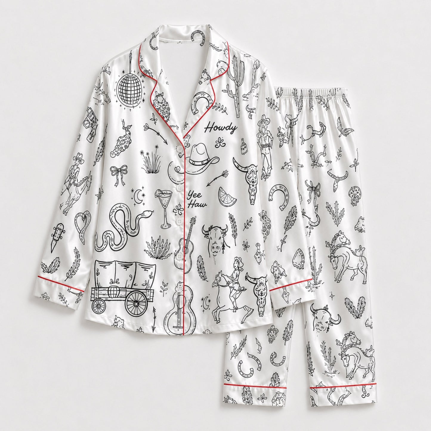 PJ-098-Unisex Western Cowboy Rodeo Satin Pajama Set with High Quality Ranch Illustration Print