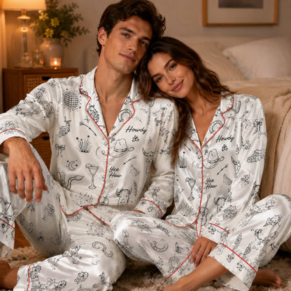 PJ-098-Unisex Western Cowboy Rodeo Satin Pajama Set with High Quality Ranch Illustration Print