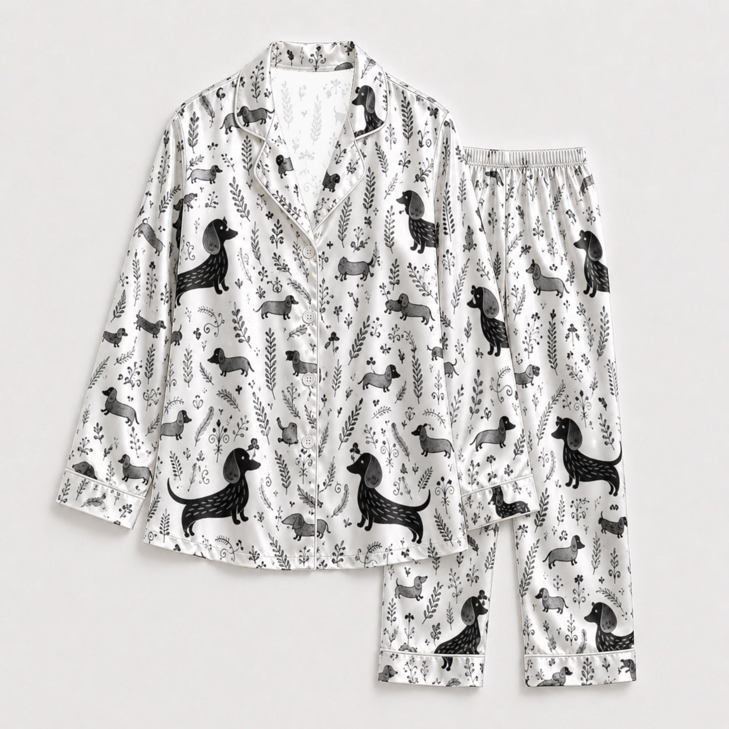 PJ-099-White Unisex Satin Dachshund Pattern Pajamas Black Grey Puppy Loungewear Sleepwear Nightwear Apparel Matching Set