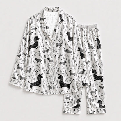 PJ-099-White Unisex Satin Dachshund Pattern Pajamas Black Grey Puppy Loungewear Sleepwear Nightwear Apparel Matching Set