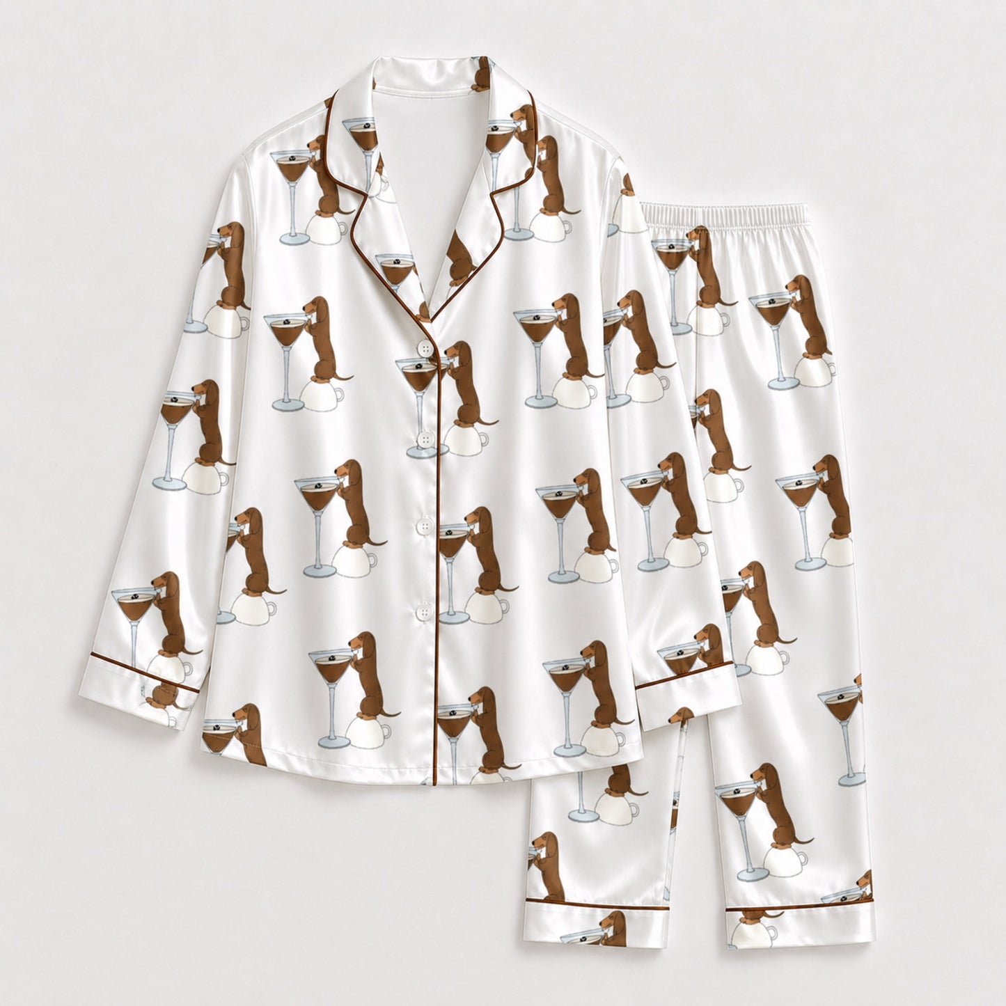 PJ-100-Dachshund Martini Satin Pajama Set With Dog Print Button Up Shirt And Matching Lounge Bottoms
