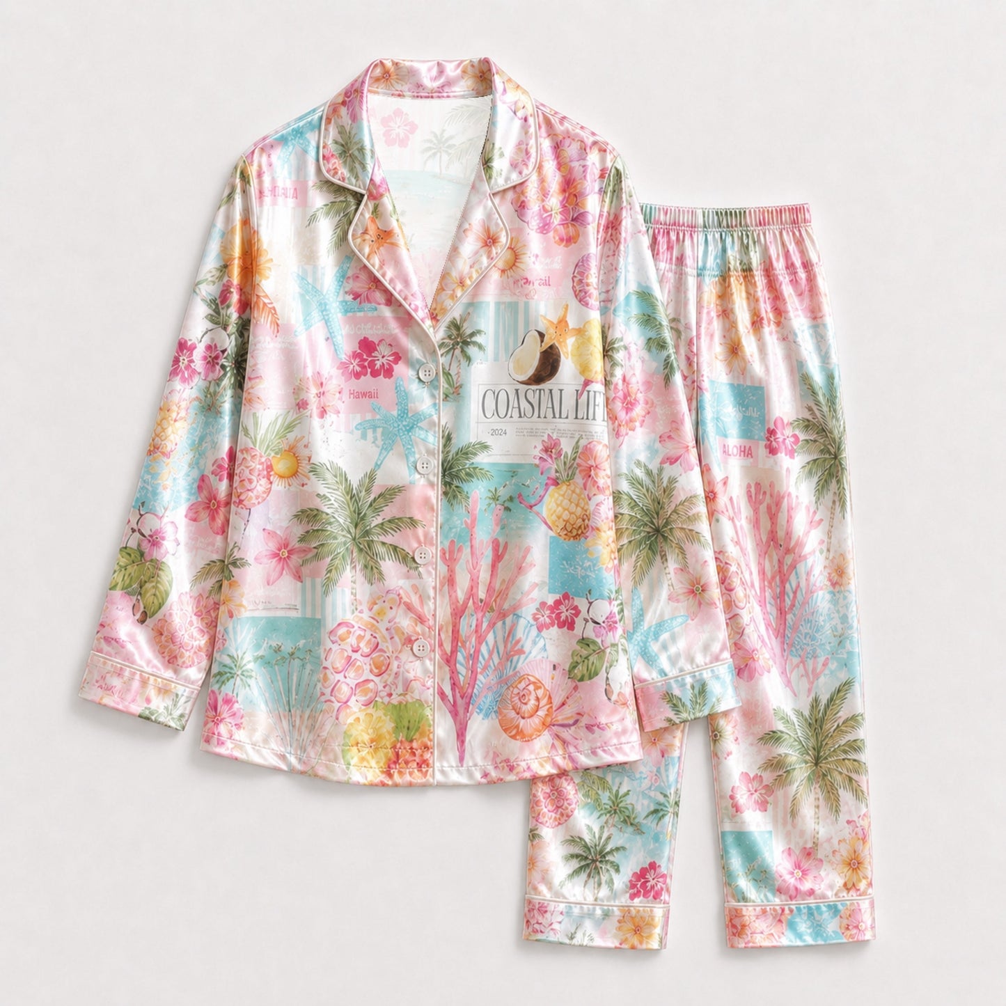 PJ-101-Unisex Pink Satin Novelty Beach Theme Pajamas Button Up Sleepwear Nightwear Loungewear Summer Clothing Set