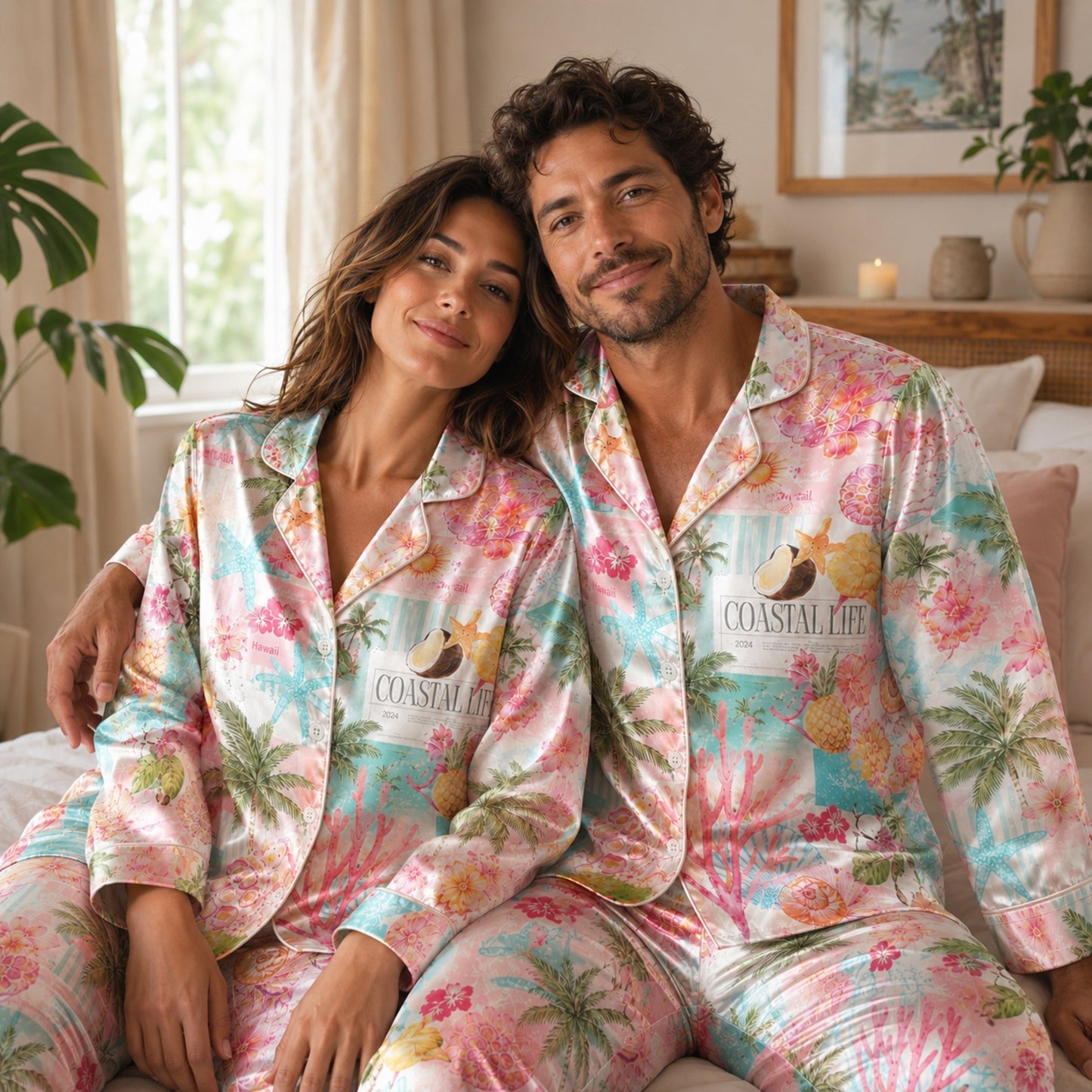 PJ-101-Unisex Pink Satin Novelty Beach Theme Pajamas Button Up Sleepwear Nightwear Loungewear Summer Clothing Set