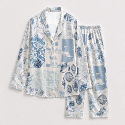 PJ-102-Blue Unisex Satin Palm Tree Pattern Pajamas Toile Nautical Graphic Loungewear Sleepwear Nightwear Apparel Matching Set