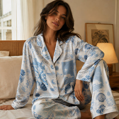 PJ-102-Satin Blue Coastal Patchwork White Piping Button Up Pajama Set