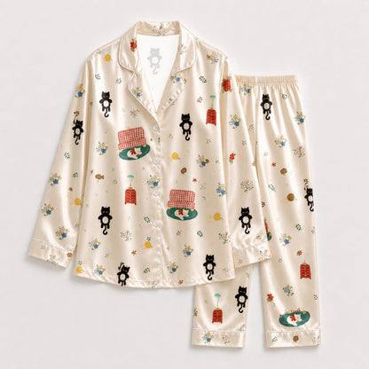 PJ-104-Unisex Cream Satin Whimsical Feline Theme Pajamas Button Up Sleepwear Nightwear Loungewear Animal Clothing Set