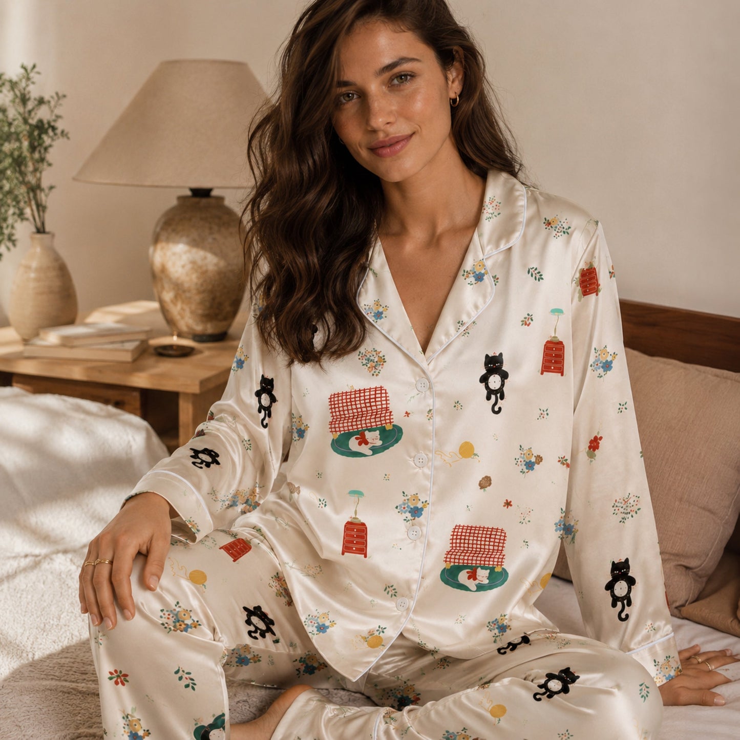 PJ-104-Unisex Cream Satin Whimsical Feline Theme Pajamas Button Up Sleepwear Nightwear Loungewear Animal Clothing Set