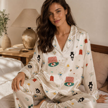 PJ-104-Unisex Cream Satin Whimsical Feline Theme Pajamas Button Up Sleepwear Nightwear Loungewear Animal Clothing Set