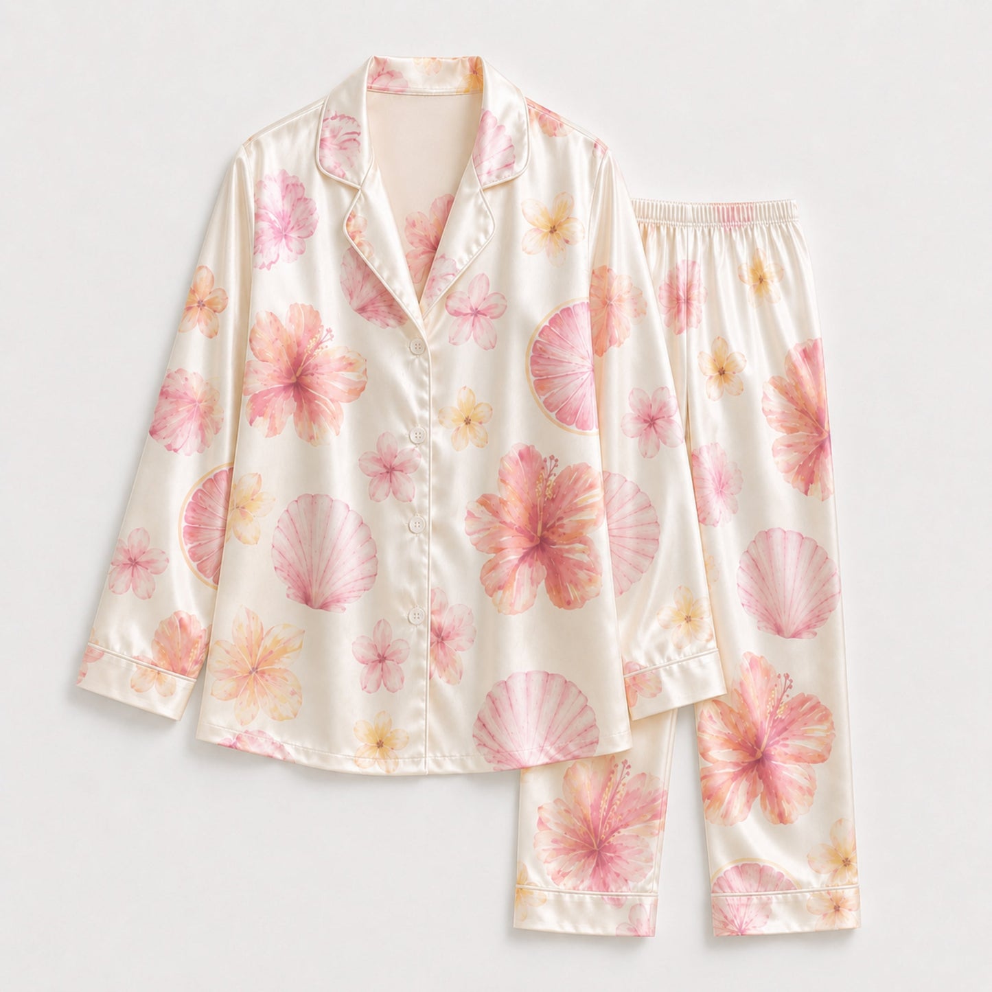 PJ-106-Satin Ivory Island Hibiscus Classic Piping Button Up Pajama Set
