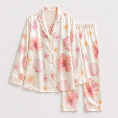 PJ-106-Satin Ivory Island Hibiscus Classic Piping Button Up Pajama Set