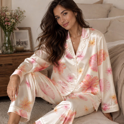 PJ-106-Satin Ivory Island Hibiscus Classic Piping Button Up Pajama Set