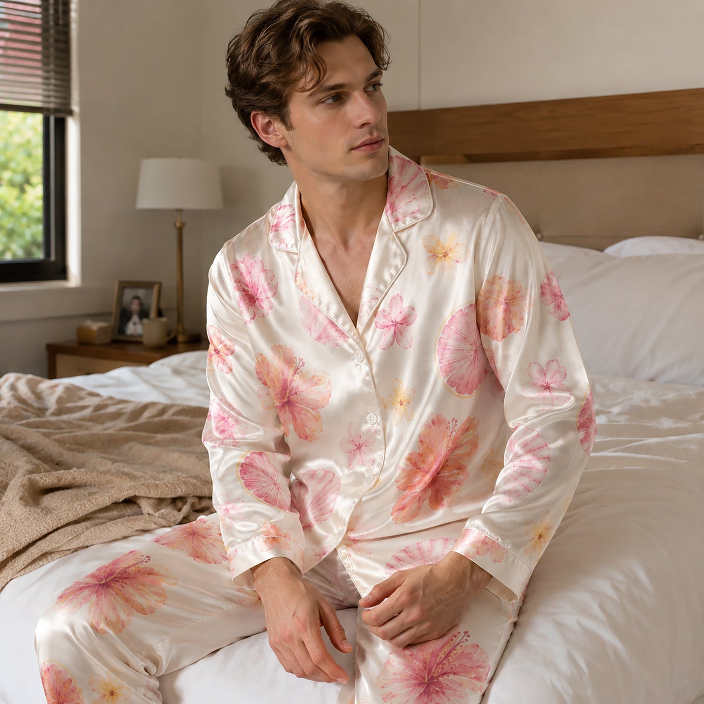 PJ-106-Satin Ivory Island Hibiscus Classic Piping Button Up Pajama Set
