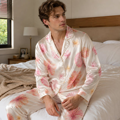 PJ-106-Satin Ivory Island Hibiscus Classic Piping Button Up Pajama Set