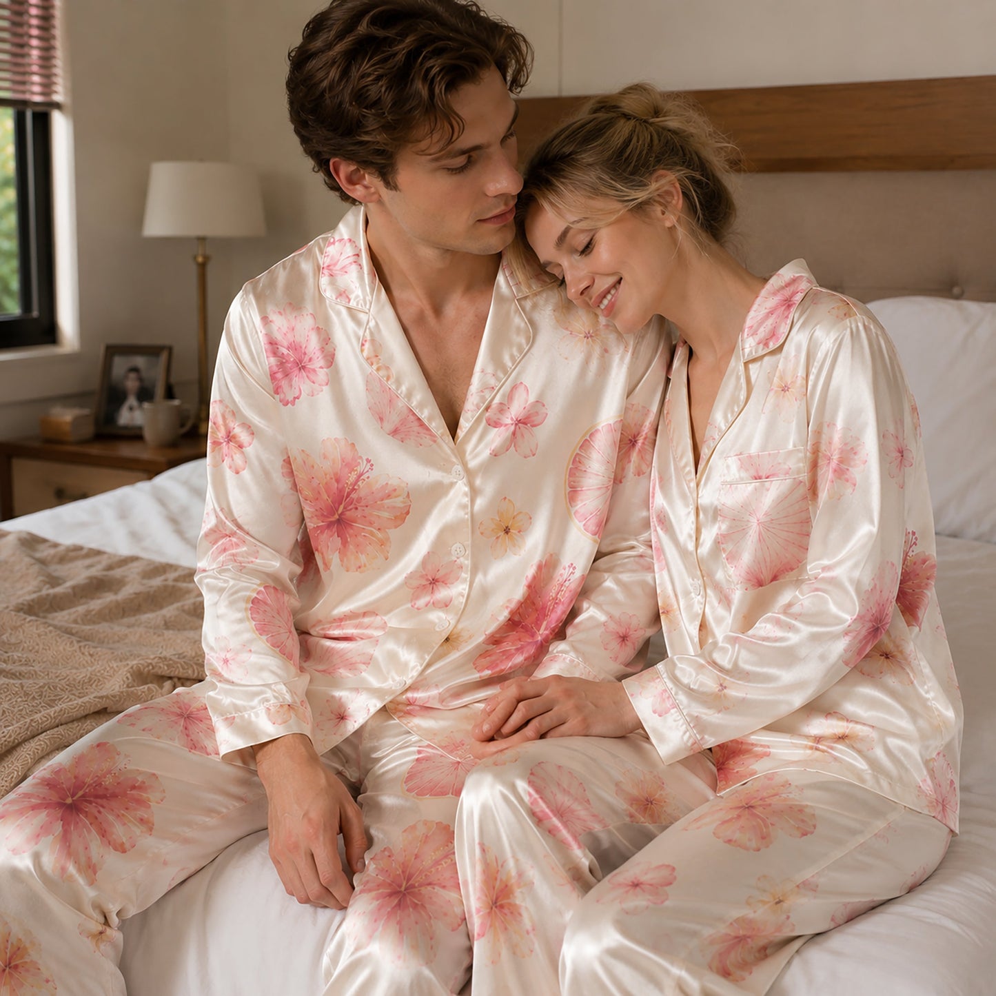 PJ-106-Satin Ivory Island Hibiscus Classic Piping Button Up Pajama Set