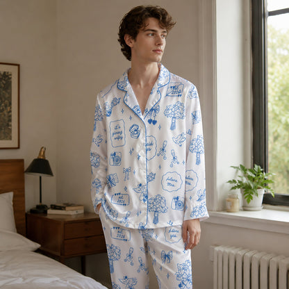 PJ-107-Unisex White Satin Future Mrs Theme Pajamas Button Up Sleepwear Nightwear Loungewear Engagement Clothing Set