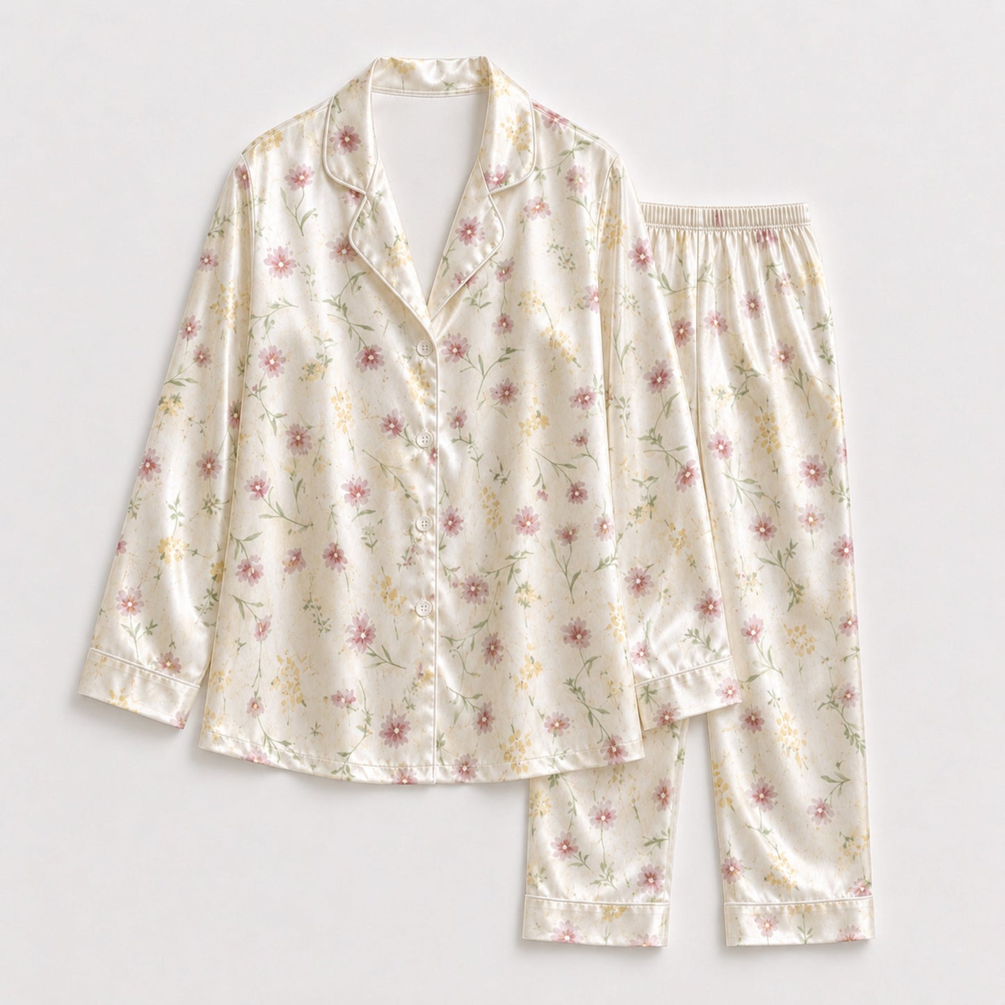 PJ-108-Pink Ditsy Floral Print Satin Pajamas Wildflower Cottagecore Loungewear Sleepwear Nightwear Pjs Two Piece Set