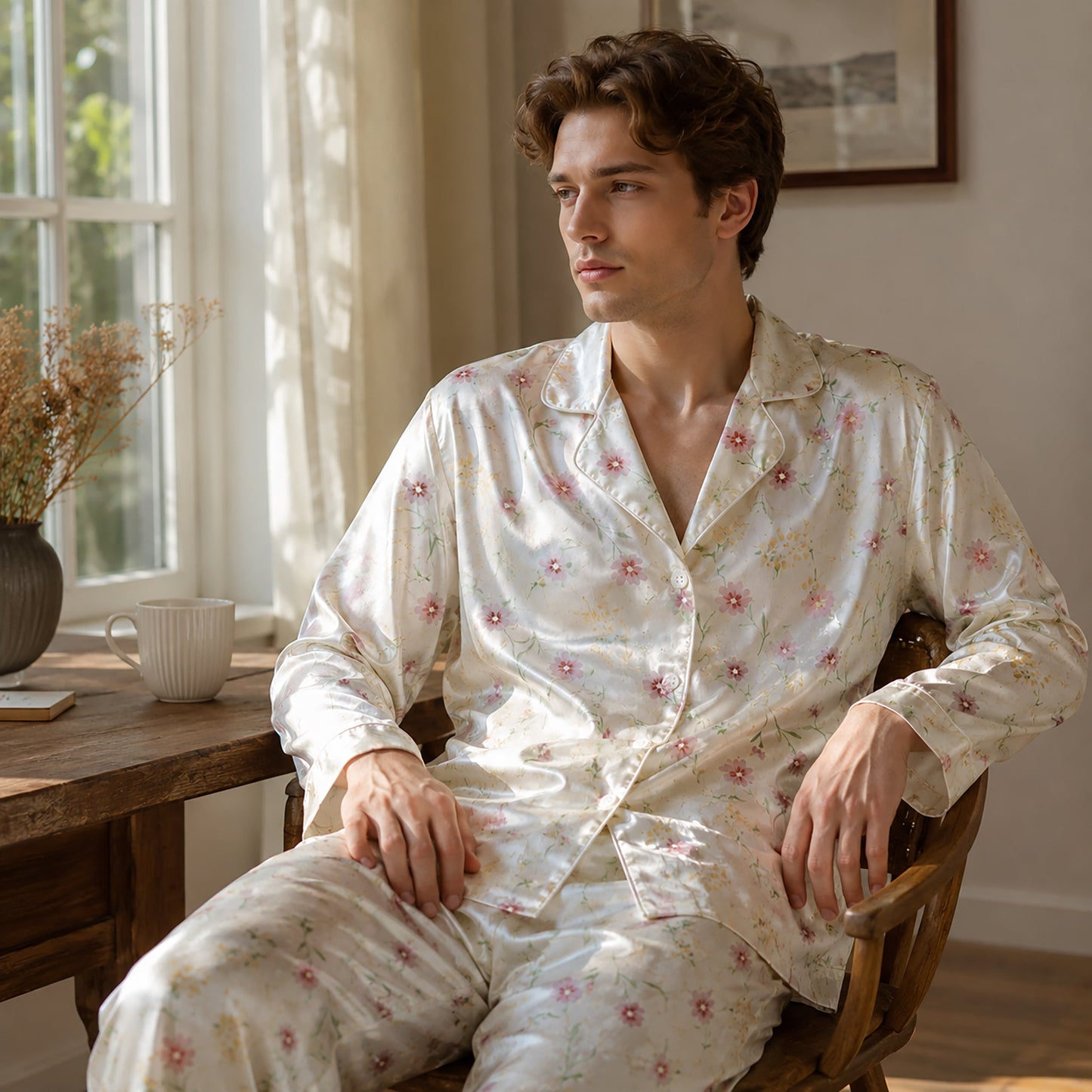 PJ-108-Pink Ditsy Floral Print Satin Pajamas Wildflower Cottagecore Loungewear Sleepwear Nightwear Pjs Two Piece Set