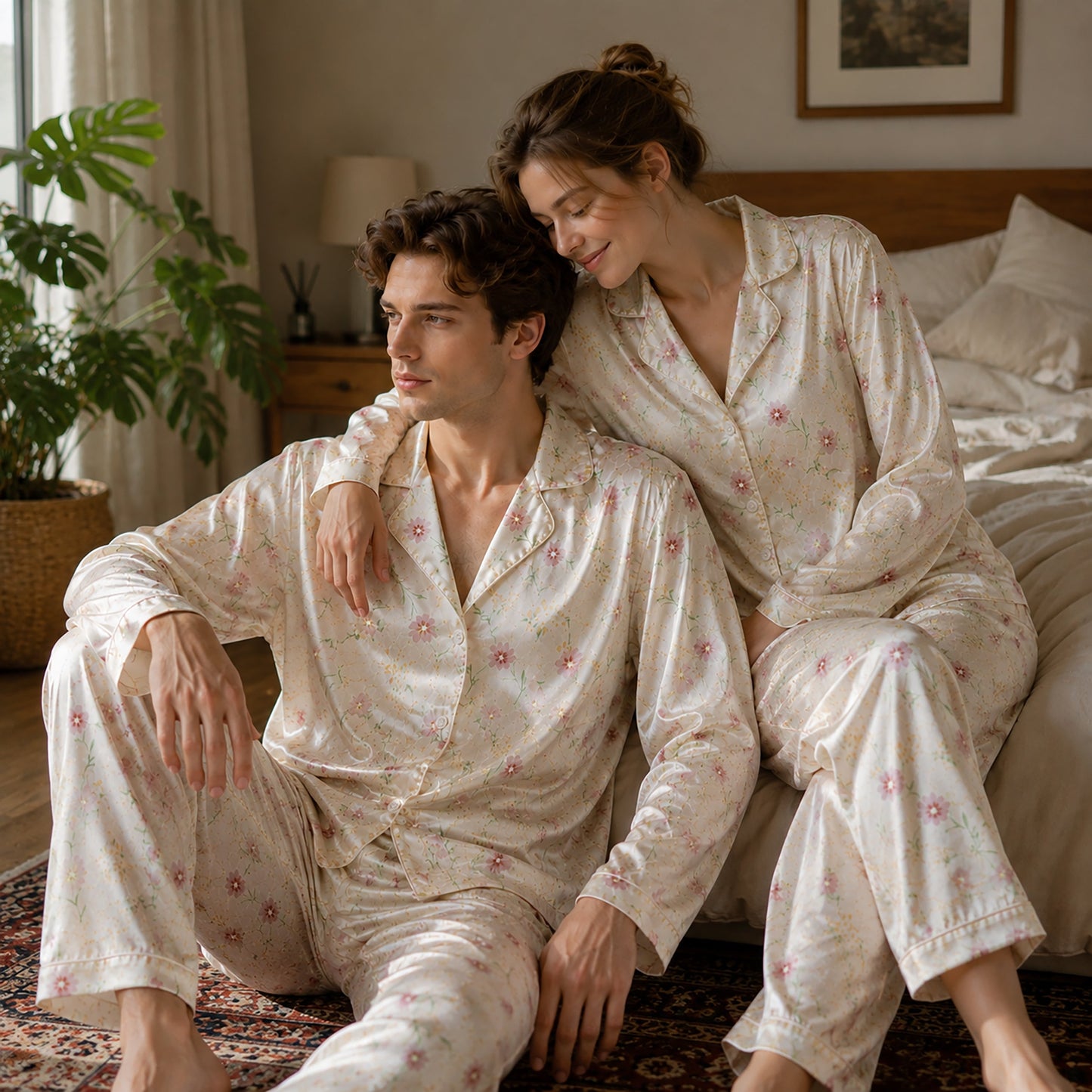 PJ-108-Pink Ditsy Floral Print Satin Pajamas Wildflower Cottagecore Loungewear Sleepwear Nightwear Pjs Two Piece Set