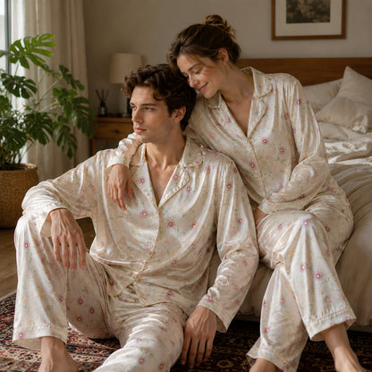 PJ-108-Pink Ditsy Floral Print Satin Pajamas Wildflower Cottagecore Loungewear Sleepwear Nightwear Pjs Two Piece Set
