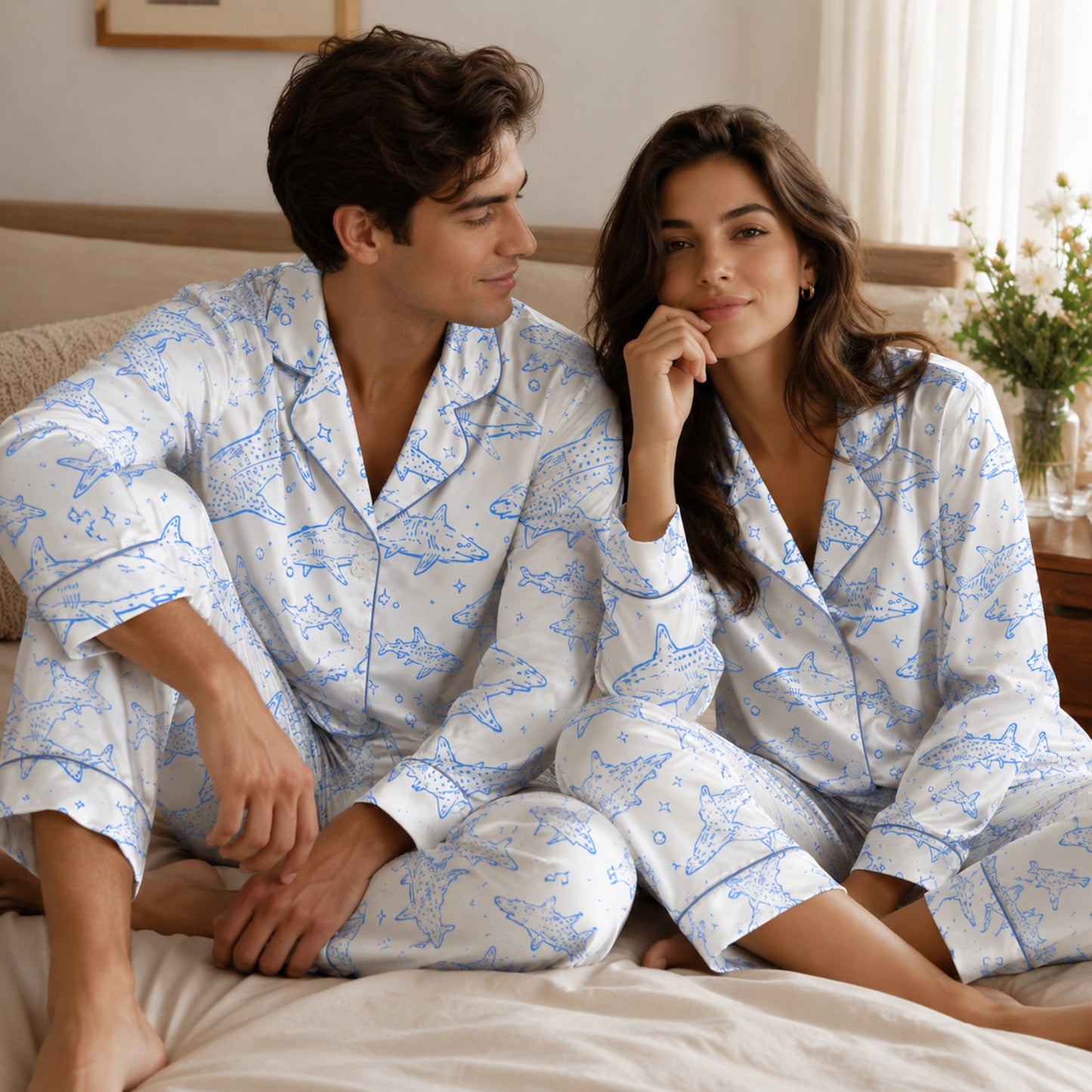 PJ-110-Unisex Men Women Cream Shark Print Satin Pajamas Nautical Great White Loungewear Sleepwear Nightwear Pjs Set