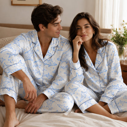 PJ-110-Unisex Men Women Cream Shark Print Satin Pajamas Nautical Great White Loungewear Sleepwear Nightwear Pjs Set
